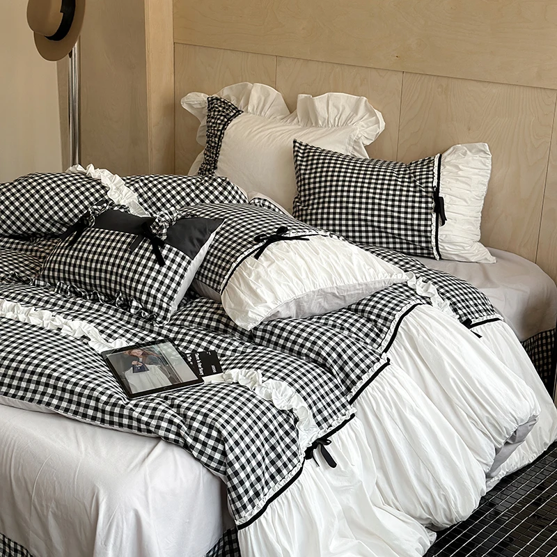 

Black White Plaid Bow Bedding Set King Queen Size Super Soft Washed Cotton Pleat Duvet Cover Bed Sheet Pillowcases Home Textile