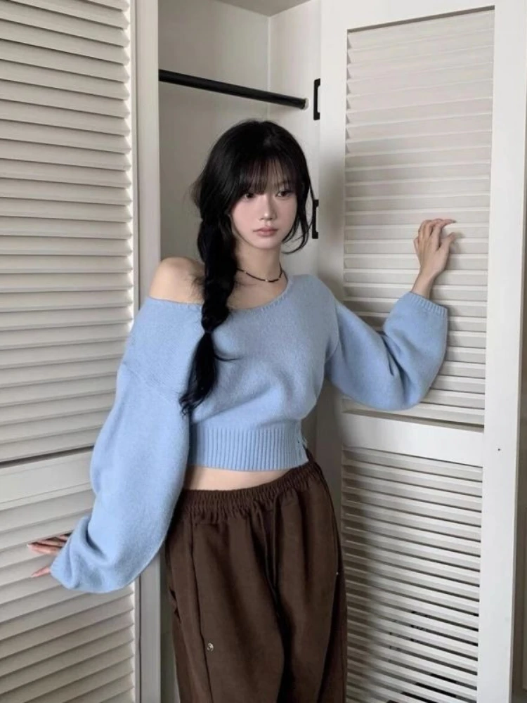 Y2k Aesthetic Irregular Skew Collar Sweaters Sexy Solid Grunge Harajuku Cropped Tops 2025 Autumn Fairy Loose Button Jumpers