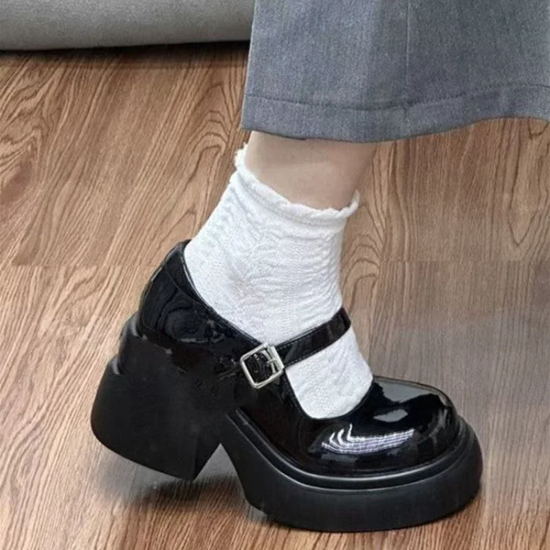 Women Single Strap Square Buckle Block Heel Mary Jane Shoes, Vintage Height Increasing JK Lolita Platform Student Commuter Shoes