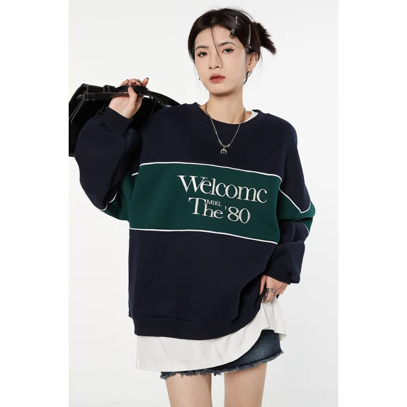 Vintage Dark Blue Plush Sweatshirt Letter Splicing Women Round Neck American Fashion Streetwear Lazy Wind Winter Female Pullover