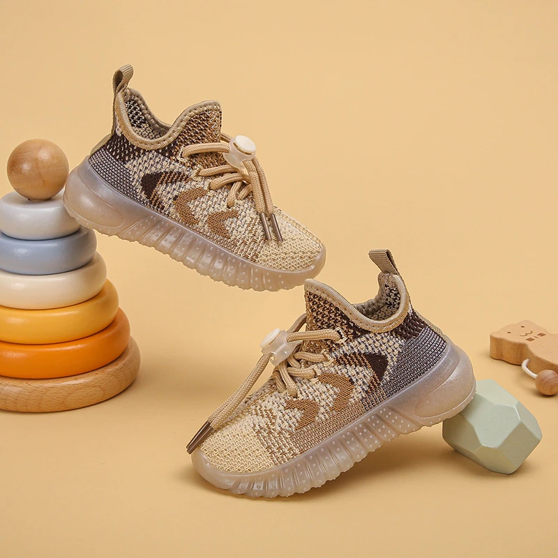 Kids Gradient Fly Woven Sneakers Elastic Quick Lace Lock Buckle Transparent Soft Sole Breathable Lightweight Daily Walking