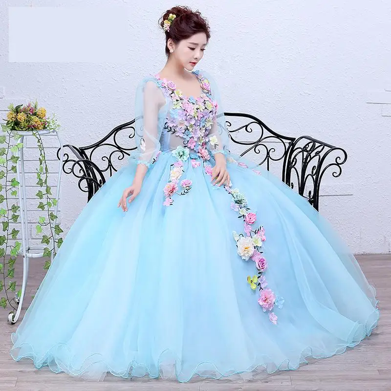 Flower Fairy Quinceanera Dresses Sweet Colorful Appliques Tulle Puffy Dresses For Prom Elegant Ball Gowns With Sleeves 5 Colors