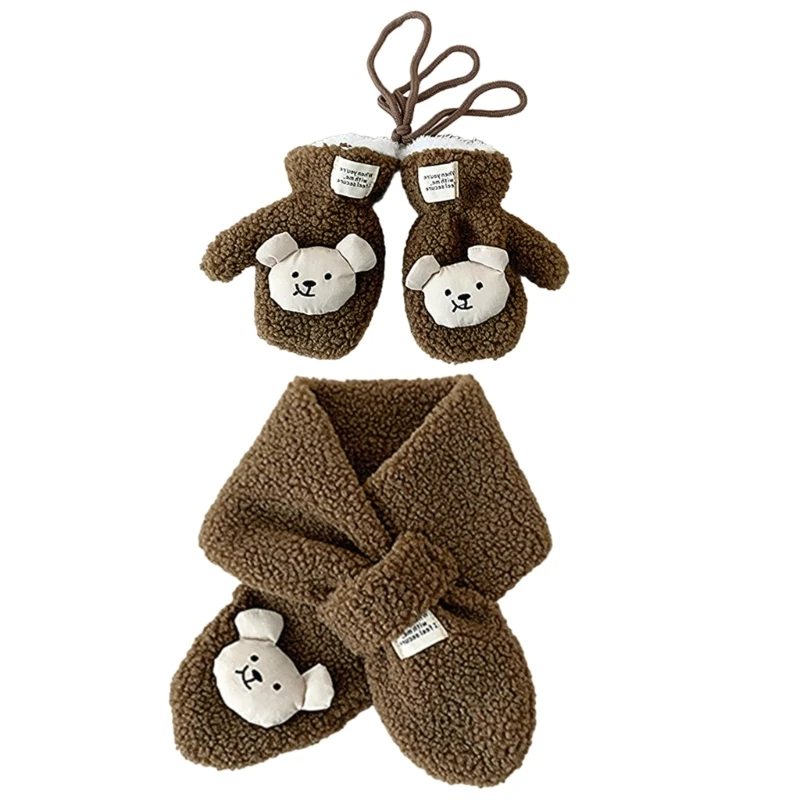 Bear Themed Scarf and Gloves Set for Boys Girls 2-6T, Breathable Long Muffler with Mittens for Outdoor Activity