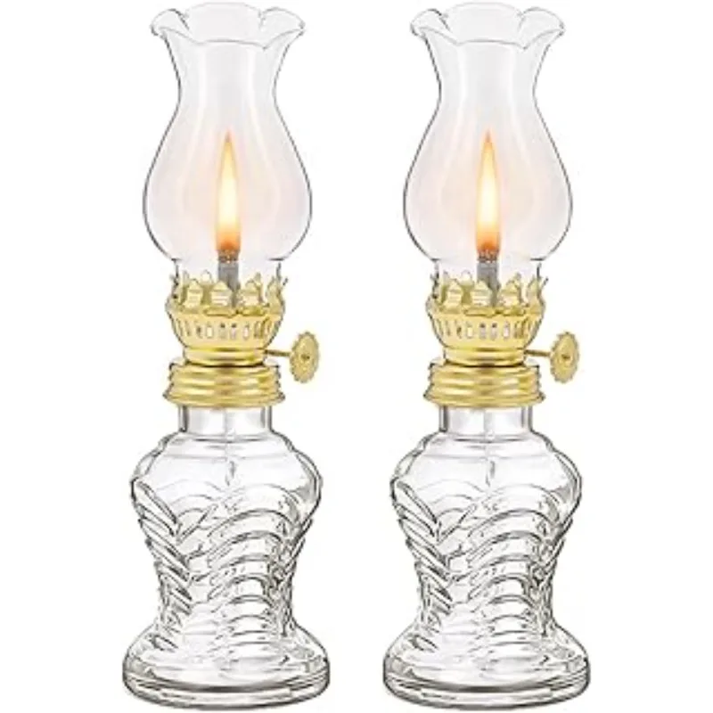 2Pcs Glass Oil Lamp, Vintage Glass Clear Oil Lamps Indoor Decorative Hurricane .Lamp Oil Lantern for Tabletop Decoration