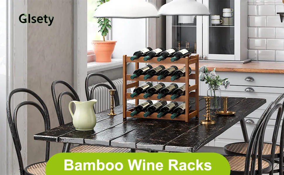 Kitchen scene featuring a bamboo wine rack on a black marble table. The rack holds multiple wine bottles in a tiered structure.