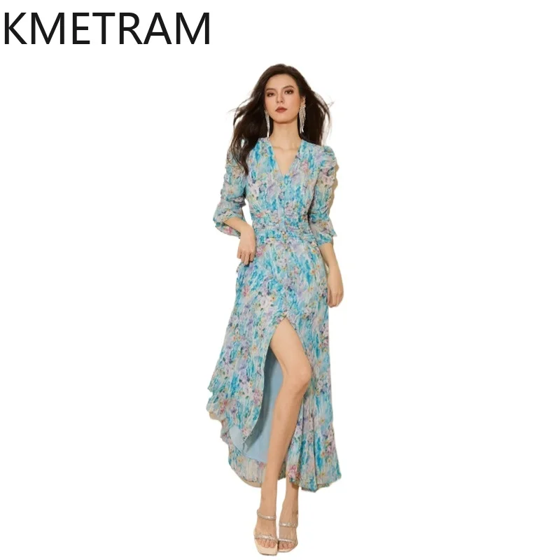 KMETRAM Romantic Orchid Print V-Neck Dresses for Women Elegant Slit Long Dress French Summer Frocks 2026 Woman Clothing vestidos
