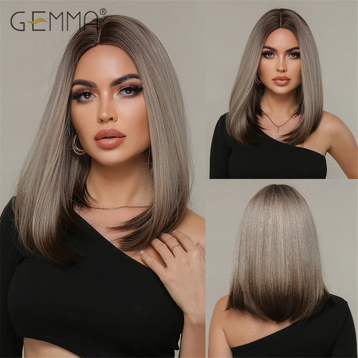 GEMMA Long Straight Synthetic Wigs for Women Omber Brown Platinum Highlight Wig with Dark Roots Cosplay Heat Resistant Hair