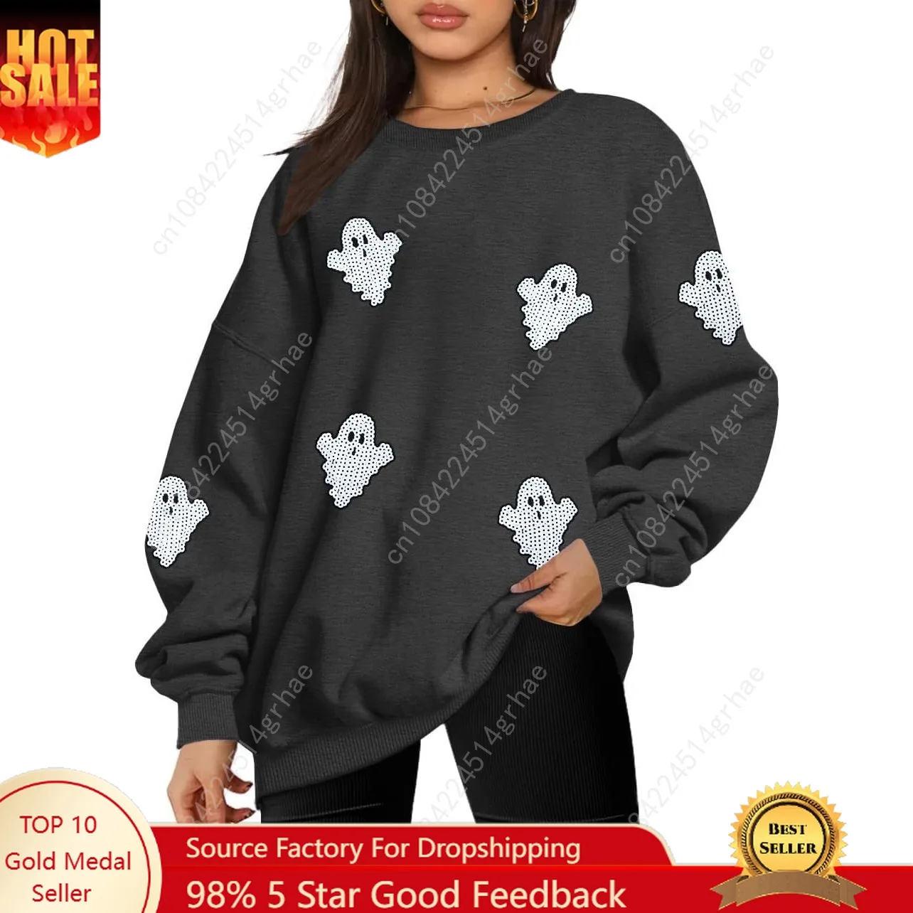 Women Halloween Sweatshirt Oversized Sequin Ghost Shirts Spooky Season Halloween Sweater Crewneck Fall Pullover Tops