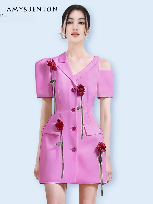 

Three-dimensional Rose Contrasting Color Dresses High-end Fashion Personality Off Shoulder Temperament Commuter Suit Mini Dress