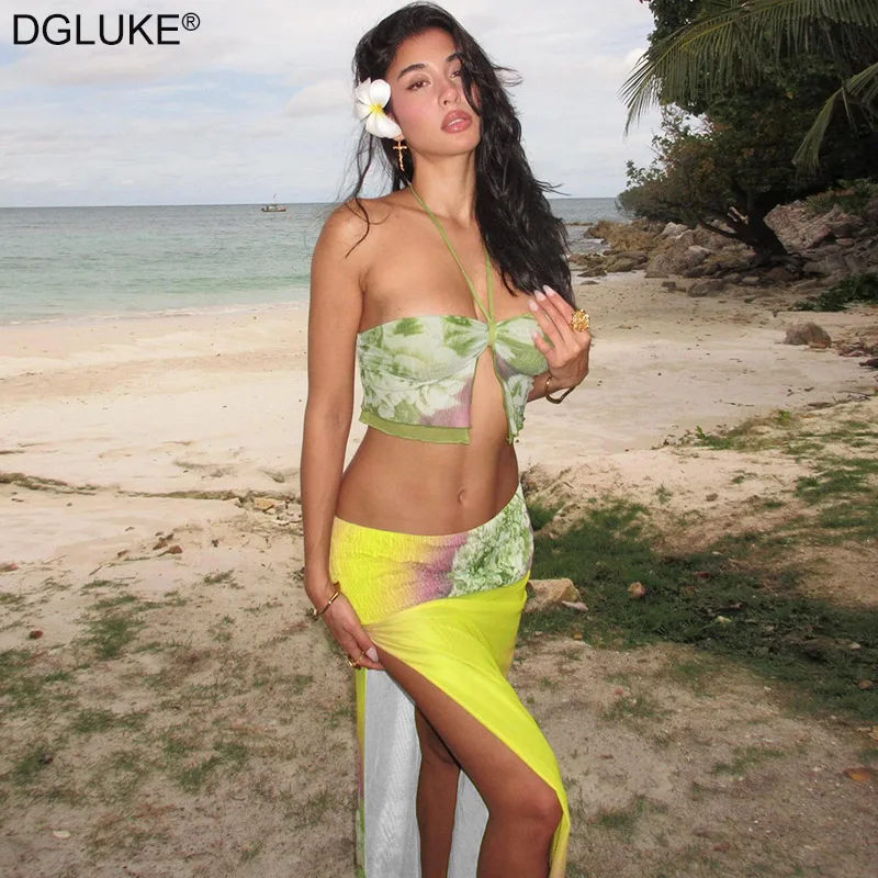 

DGLUKE Floral Mesh Top And Long Skirt 2 Piece Set Women Beach Outfit Sexy Holiday Vacation Outfits Summer Co ord Set