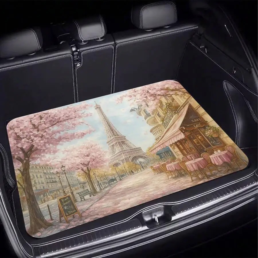 1 Piece, Paris-Inspired Car Trunk Mat With Eiffel Tower And Cherry Blossom Street Scene Design, Romantic European-Style Print