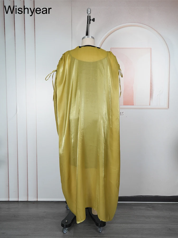 Nuevos vestidos africanos de manga larga con cordón y volantes, vestido medio con tirantes para mujer, Abayas musulmanas de lujo de Dubái, bata de noche de 2 uds.