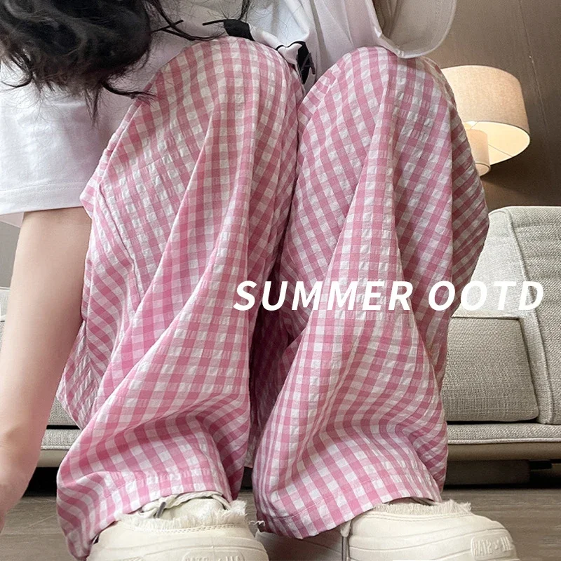 Plaid Wide-leg Pants Women's Summer High Waist Loose Hanging Casual Straight Walk To Show Thin Lazy Long Pants