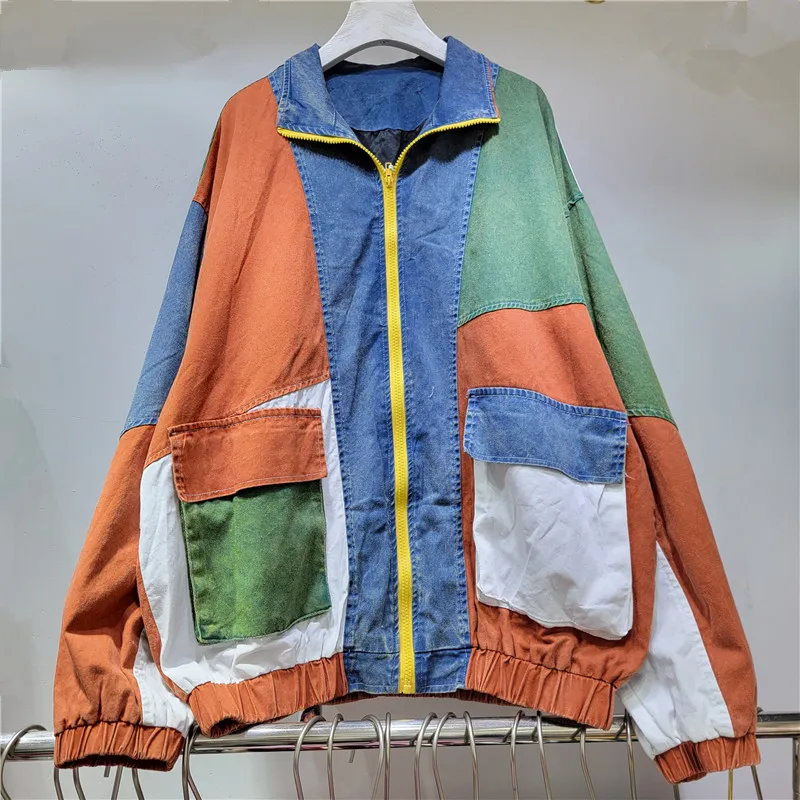 

SuperAen Spliced Contrast Color Jackets Women's Spring and Autumn Design Lapel Collar Loose Casual Coats