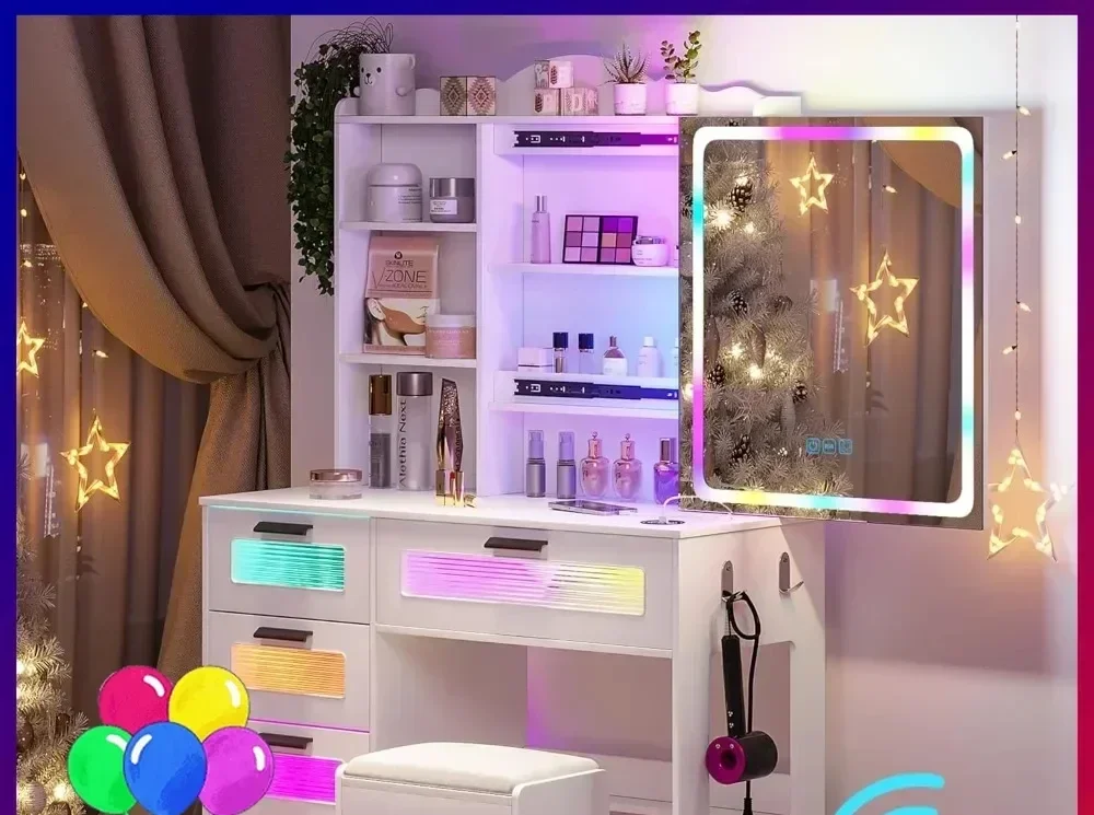 Sliding Vanity Mirror, Makeup Vanity Desk with Charging Station, Vanities Dressing Table with Stool with Light