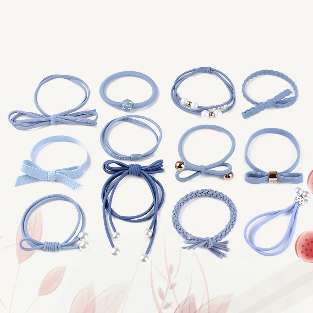 

12pcs Pretty Hair Ties Curly Hair Ponytails Pigtails Holder Elastic Rubber Band in Different Style(Light Blue)