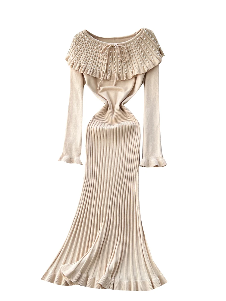 Ele vestido sin hombros con adornos de perlas largo Sve adelgazante diseño de cintura alta coreano Sle A-Line Dr para mujer