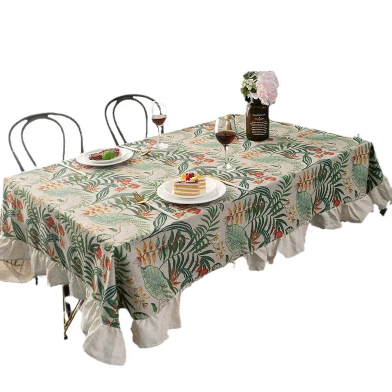 

Green plant American vintage ruffled tablecloth Rectangular bamboo joint cotton linen printed table cloth tablecloth