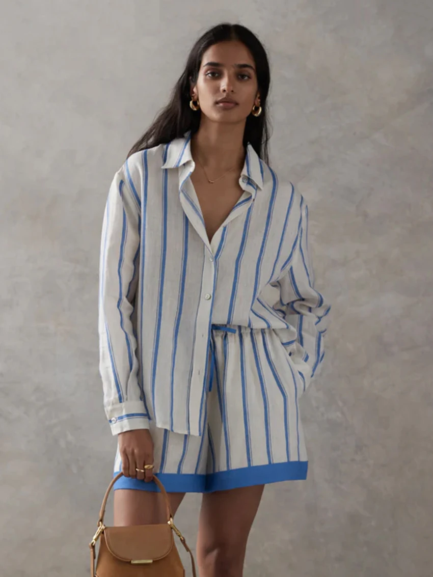 

Marthaqiqi Striped Female Nightgown 2 Piece Suit Turn-Down Collar Nightwear Long Sleeve Pajama Shorts Casual Women Sleepwear Set