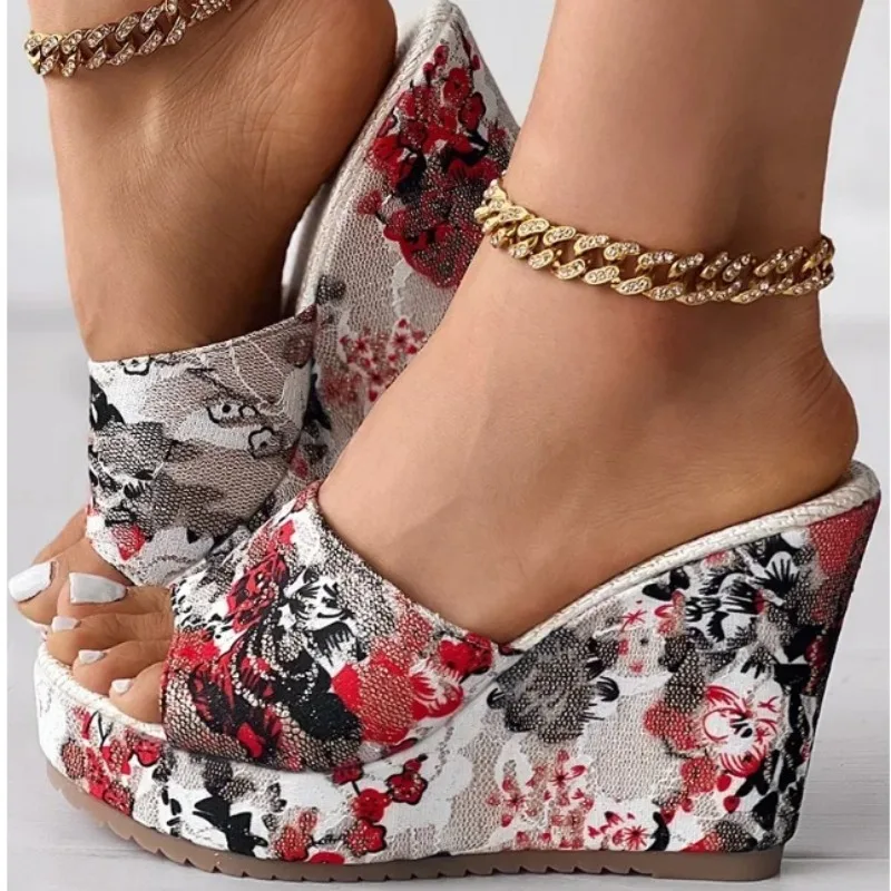 Slippers Women\'s Platform Vintage Floral Print Peep Toe Wedge Women\'s High Heels Floral Print Women\'s Slippers Summer Shoes