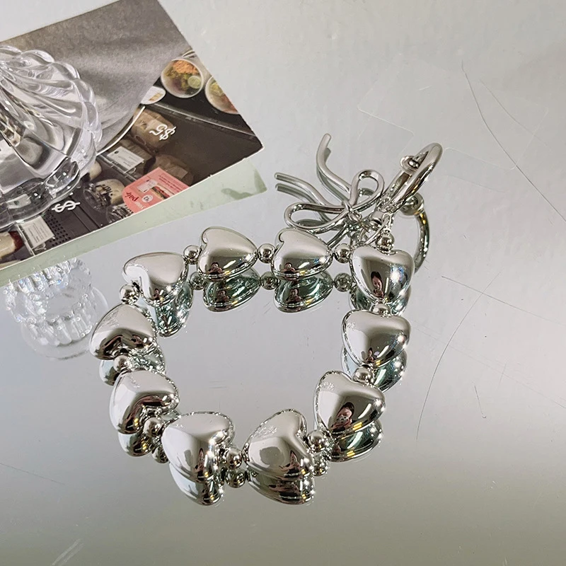 Fashion Love Heart Beaded Phone Lanyard Simple Silver Color Phone Chain Keyring Anti-Lost Phone Strap Wristband Camera Pendant