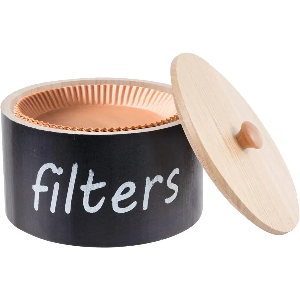Soporte para filtro de café con tapa de bambú, organizador de almacenamiento de filtros para filtros redondos de cono, contenedor rústico para barra de café para mostrador