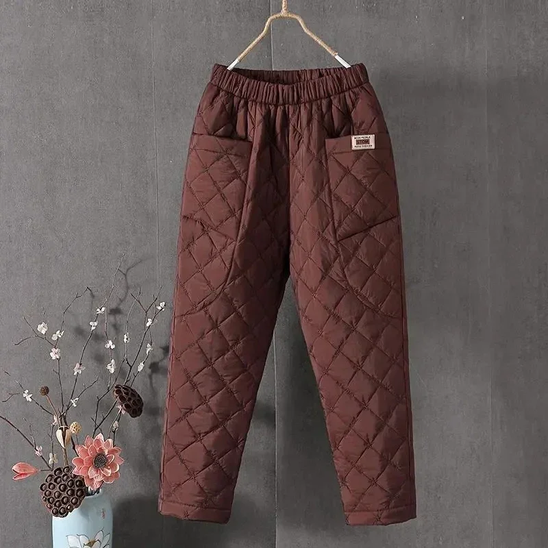 Winter Baggy Down Cotton Harem Pants Warm Elastic High Waist Women Casual Pants Snow Wear Thick Ankle-length Solid Trousers