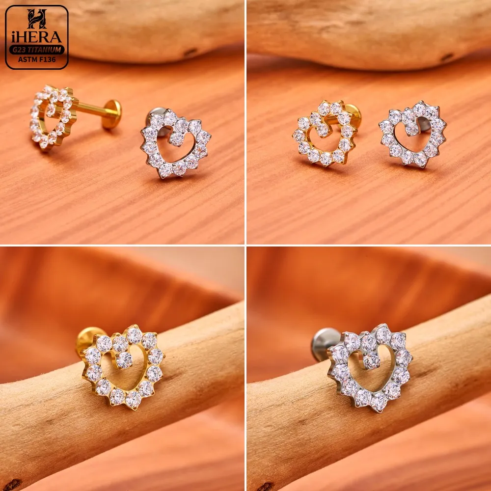G23 Titanium Labret Internally Threaded Flatback CZ Gem Heart Stud Lip Nose Tragus Earring Cartilage Body Jewelry Piercing Set