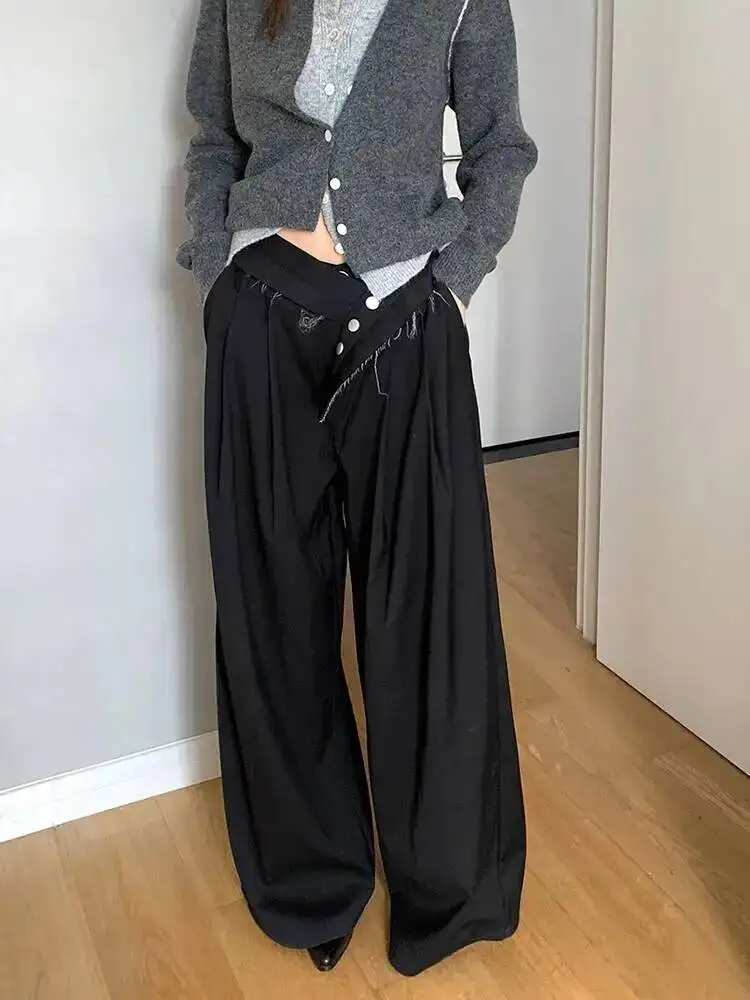 Fashion Gray Adjustable Waist Sashes Suit Pants Women's High Waist Wide Leg Trousers Spring Autumn New U34Q