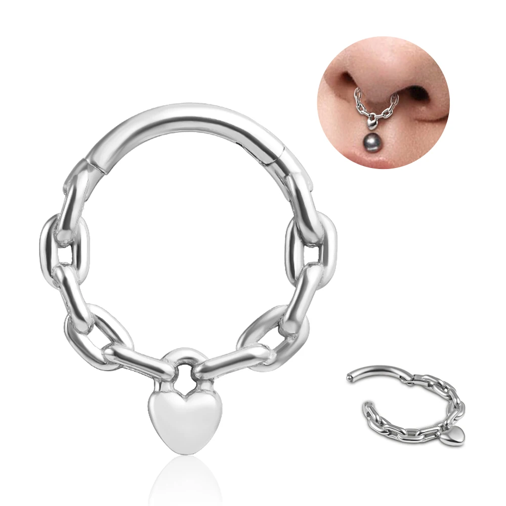 Vankula 316L Stainless Steel Heart Hinged Nose Clicker Chain Tragus 16G Hoop Rings Septum Body Piercing Women Jewelry