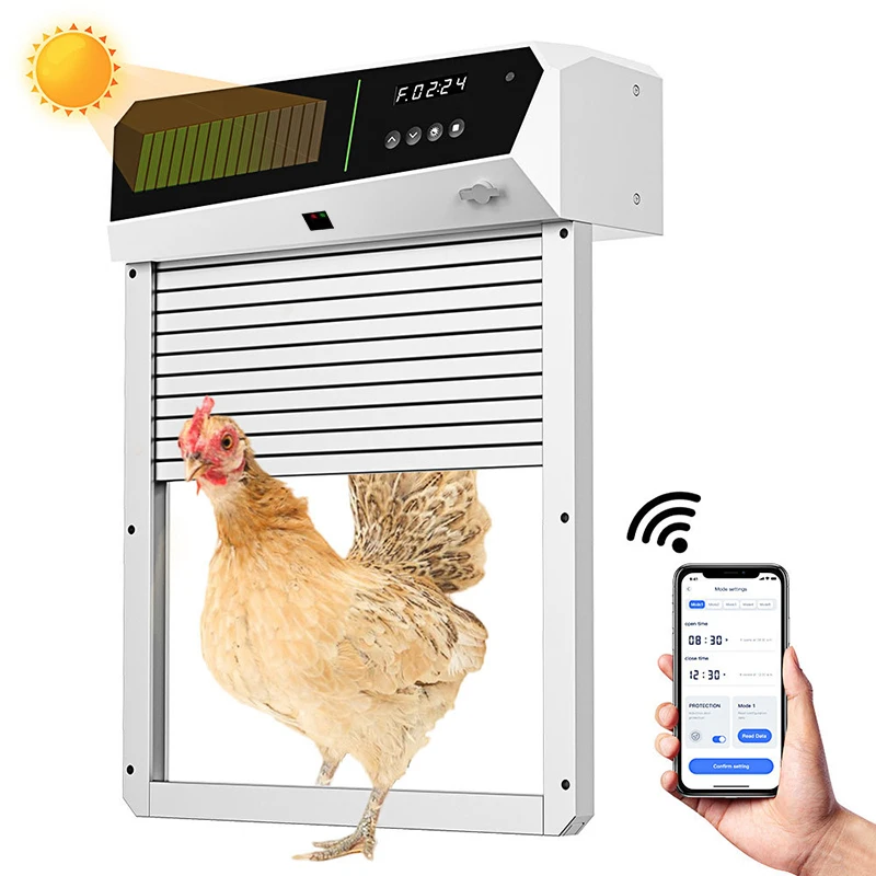 

Automatic Chicken Coop Door Solar Powered Coop Door 4 Modes with Programmable Timer Light Sensor Remote Control Video Monitoring
