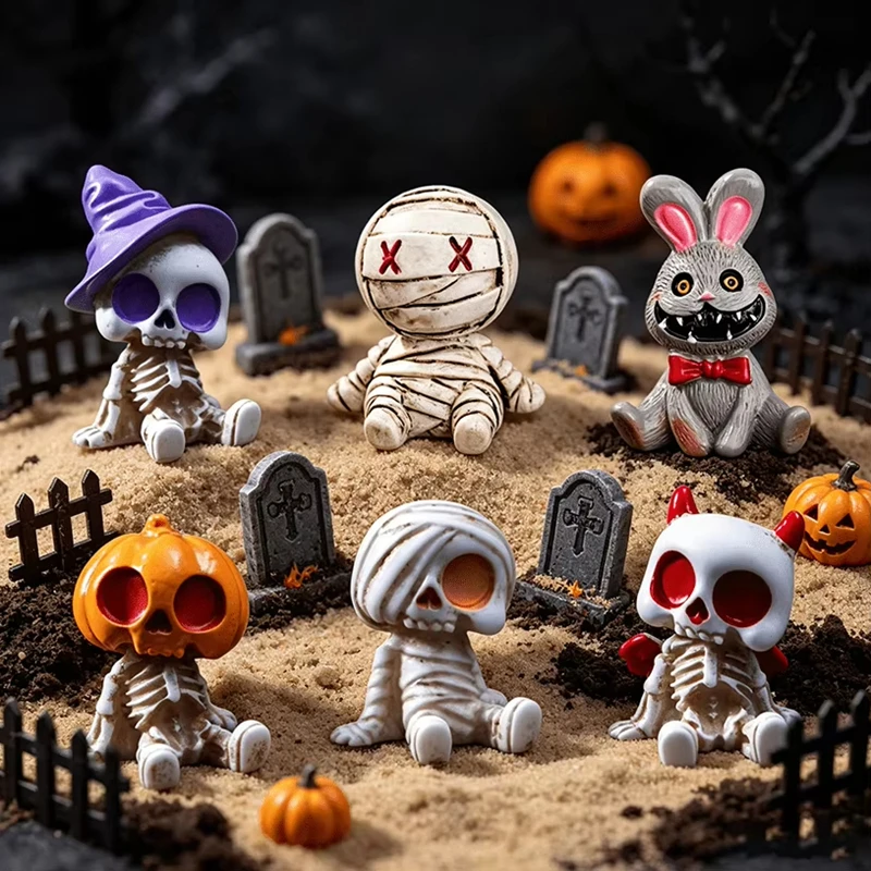 6pcs Halloween Resin Skeleton Mummy Figurines Mini Statues Car Desk Decor DIY Micro Landscape Bonsai Pumpkin Witch Ornament