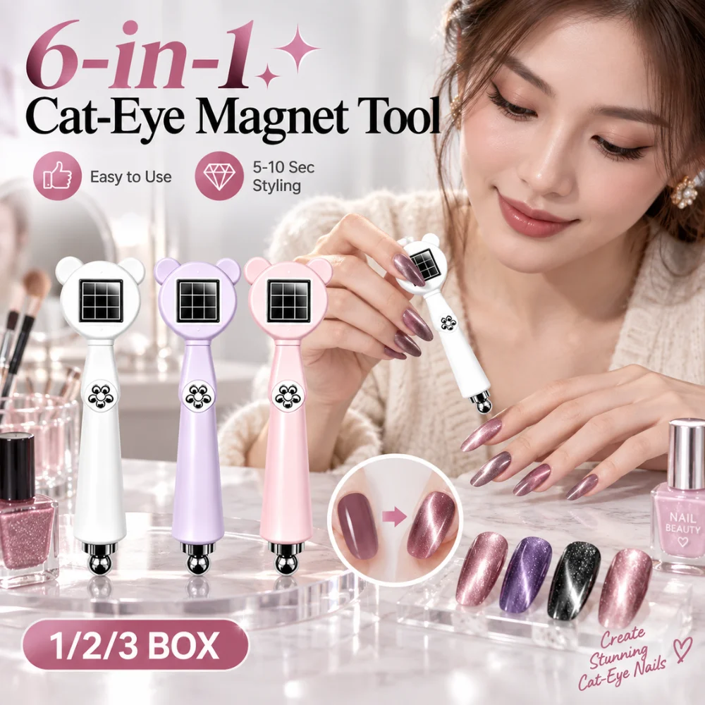 Bear Shaped 6 In 1 Cat Eye Magnet Pen Strong Nail Art Tool with Grid Cylinder Beads for Flower Line Patterns DIY Manicure Style