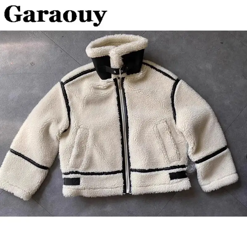 Garaouy 2024 Winter Women Faux Fur Lambswool Motorcycle Jacket Lapel Zip Coat Female Contrast Loose Thickened Warm Outwear New