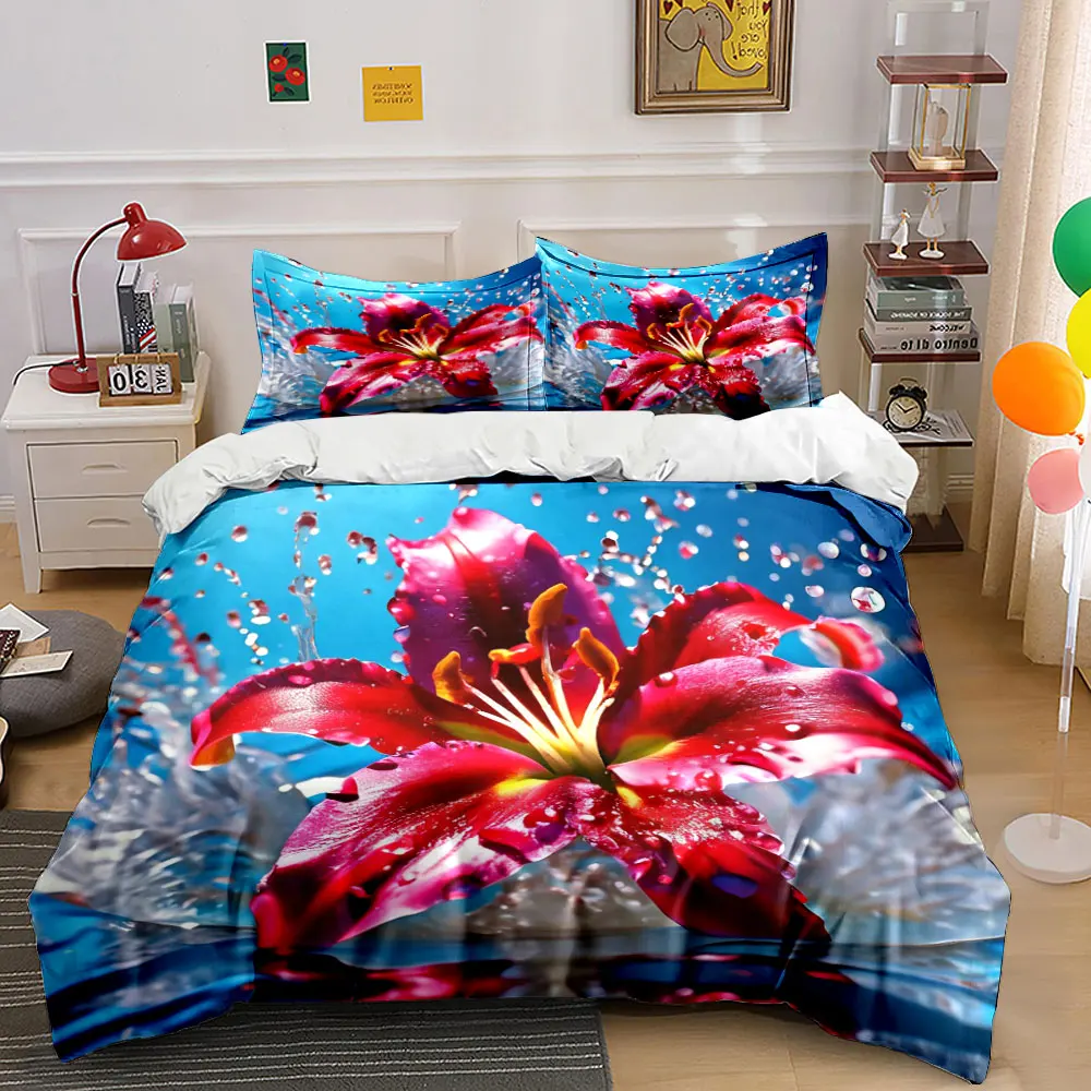 

Luxury Red Lily Flower Bedding Set 3PCS Soft Polyester Duvet Cover Set with Water Splash Print Pillowcases for Home Decor