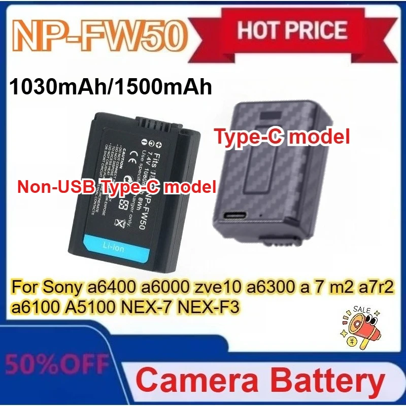 

New 1500mAh NP-FW50 NPFW50 Battery Type-C direct charge for Sony a6400 a6000 zve10 a6300 a 7 m2 a7r2 a6100 A5100 NEX-7 NEX-F3