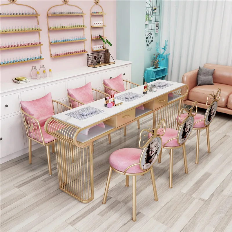 Luxury Nail Care Spa Manicure Desk Salon Furniture Gold Frame Marble Top Nail Salon Table For Sale