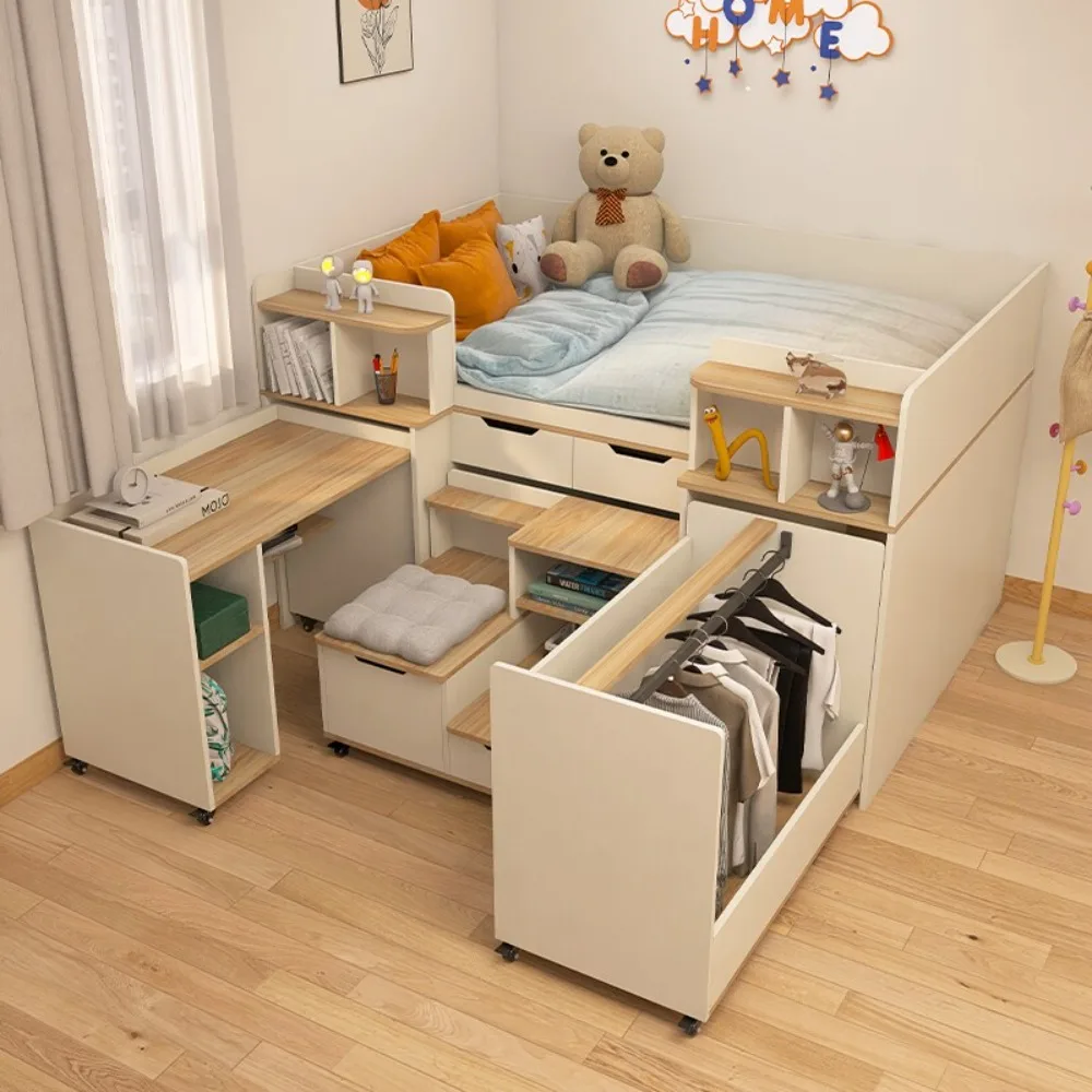 Factory Direct 2026 Mid-high Bed with Integrated Desk & Wardrobe Solid Wood Multifunctional Kids Bed, Pull-Out Storage, Space