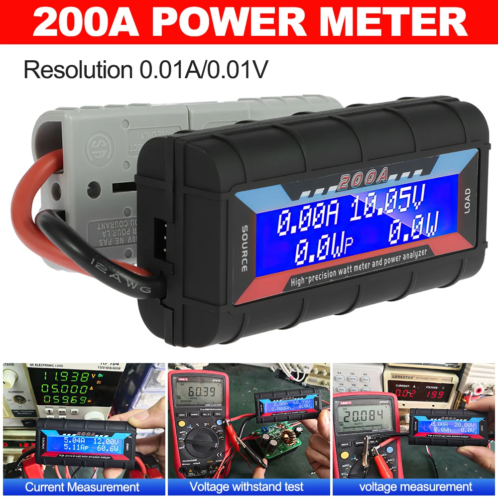 Watt Meter Reusable Professional 200A DC Voltmeter Amp Watt RC Battery Electrical Solar Panel LCD Screen Solar Power Analyzer