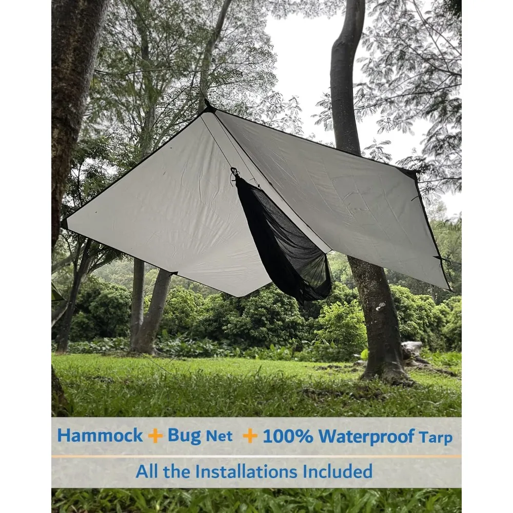 Hammock Camping with Rain Fly Tarp and Net, Portable Camping Hammock Double Tree Hammock Outdoor Indoor Backpacking Travel