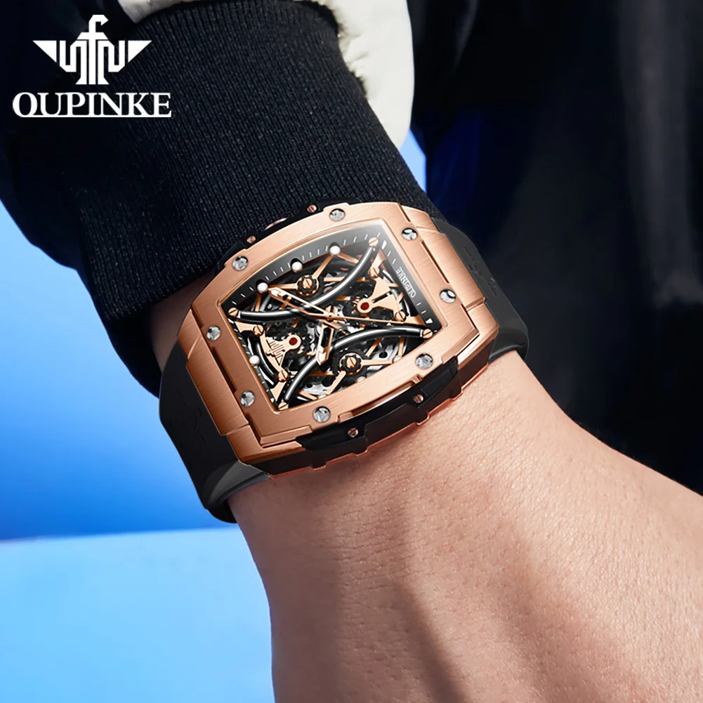 OUPINKE 3215 Silicone Strap Men\'s Watches Imported Movement(MIYOTA)Automatic Mechanical Watch for Man Hollow Out Watch Men
