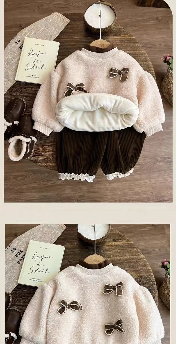 2026 Herbst Winter Dicke Warme Kleidungssets für Babymädchen Schleife Lammwoll-Sweatshirt + Cordhose 2-teiliges Kinder-Outfit Süße Lässige Freizeitkleidung – Detail 5