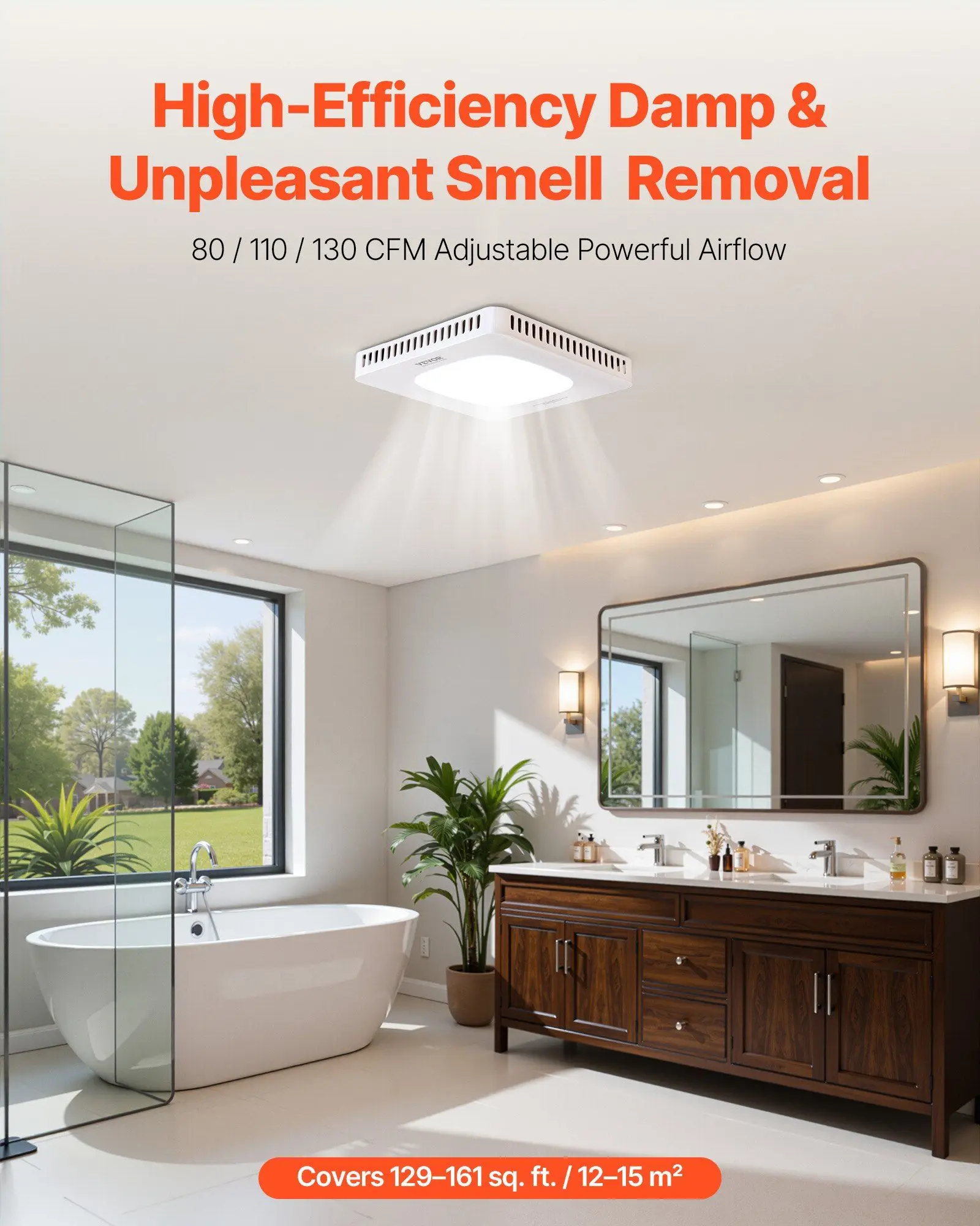 

Вытяжной вентилятор для ванной комнаты со светодиодной подсветкой, 80-110-130 CFM, три режима температуры цвета, 1.5 Sones, низкий уровень шума, премиальный двигатель переменного тока