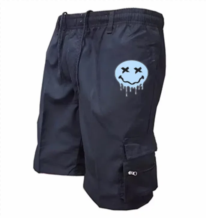 Skull Pattern Mens Cargo Shorts Elastic Drawstring Multi Zipper Pockets Casual Summer Street Short Pants
