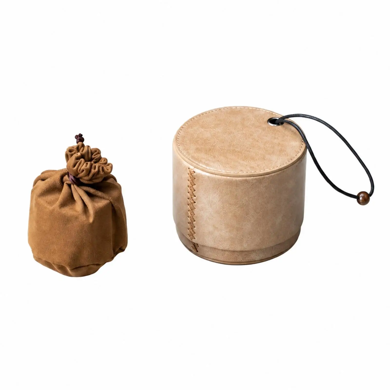 Hand Stitched Leather Cylindrical Tea Pouch Industrial Case with Lid for Outdoor Tea Period Portable Tea Tray Storage