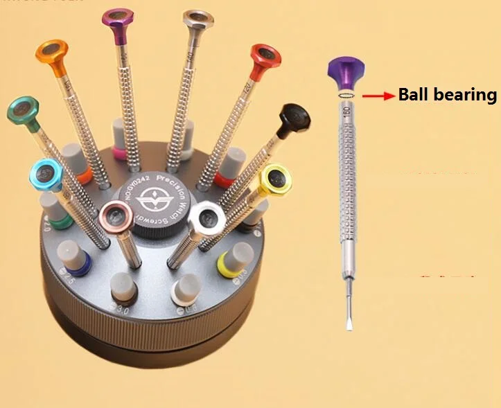 W5029 Knurled Handle Ball Bearing Watch Repair Screwdrivers with Rotatable Stand and 20pcs Extra Flat Blades 0.6mm to 3.0mm Size