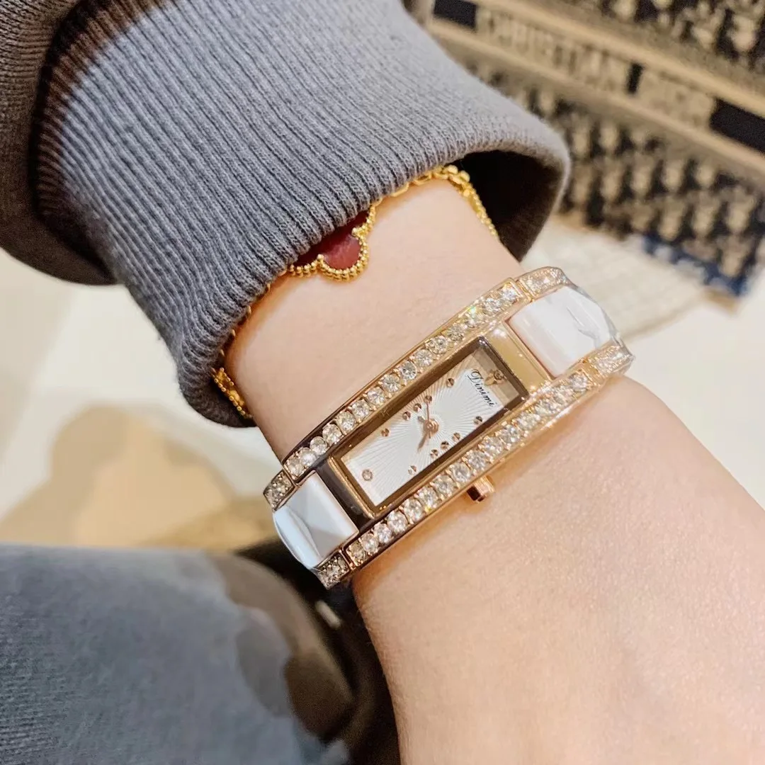 Delicate Crystals Ceramic Bracelet Watches Women Rectangle Elegant Jewelry Wrist watch Mute 2 Hands Analog Bangles Watch Quartz