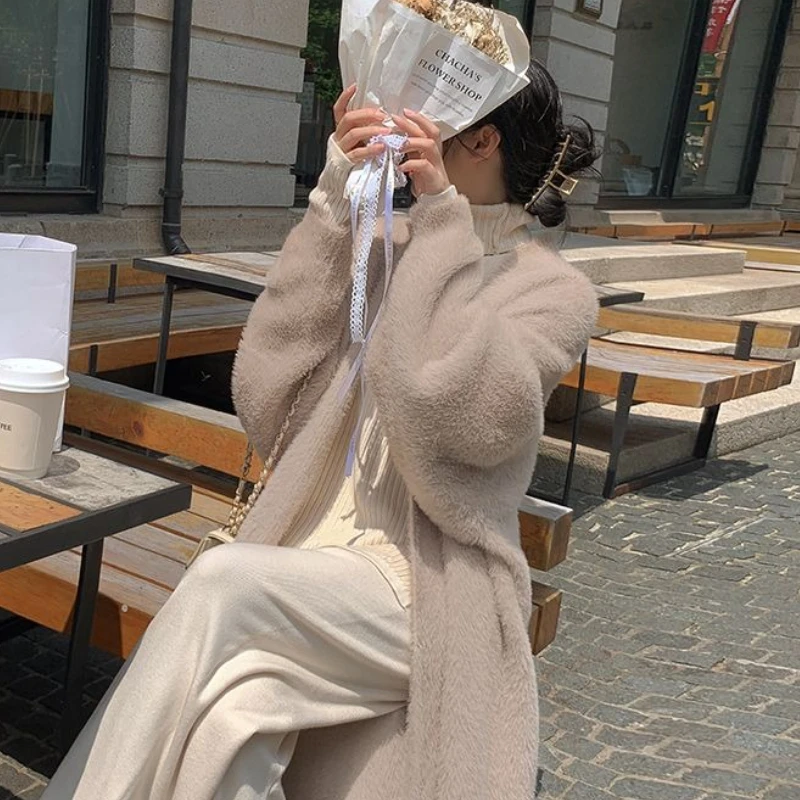 

Long Mink Cashmere Sweater Cardigan Coat Women's Autumn and Winter Thickened Loose Lazy Wind Over The Knee Sweater Coat