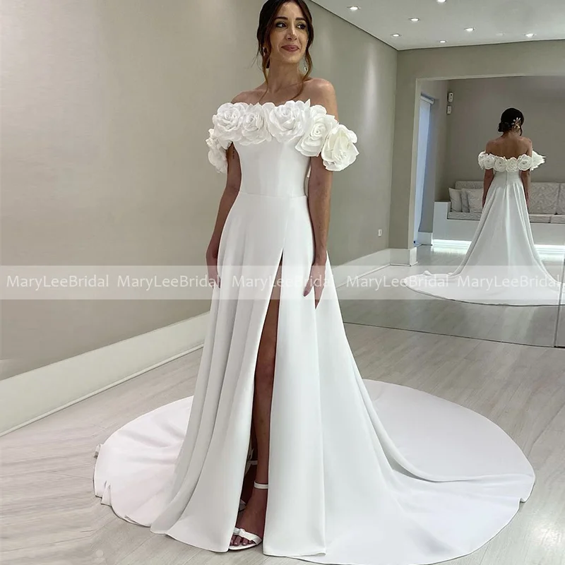 Vestido de novia con cuello de barco de hadas con flores hechas a mano, abertura frontal alta, vestidos de novia de crepé de línea a, Vestido de tren largo hecho a medida