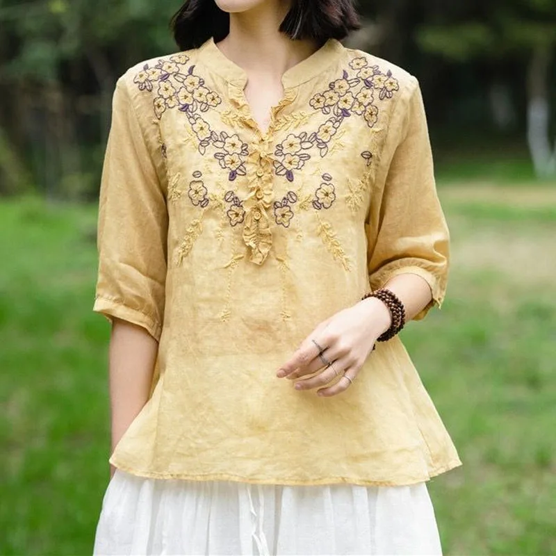 Vintage Fashion Solid Color Embroidery Spliced Shirt Summer Women\'s Clothing Loose All-match V-Neck Half Sleeve Blouse Female